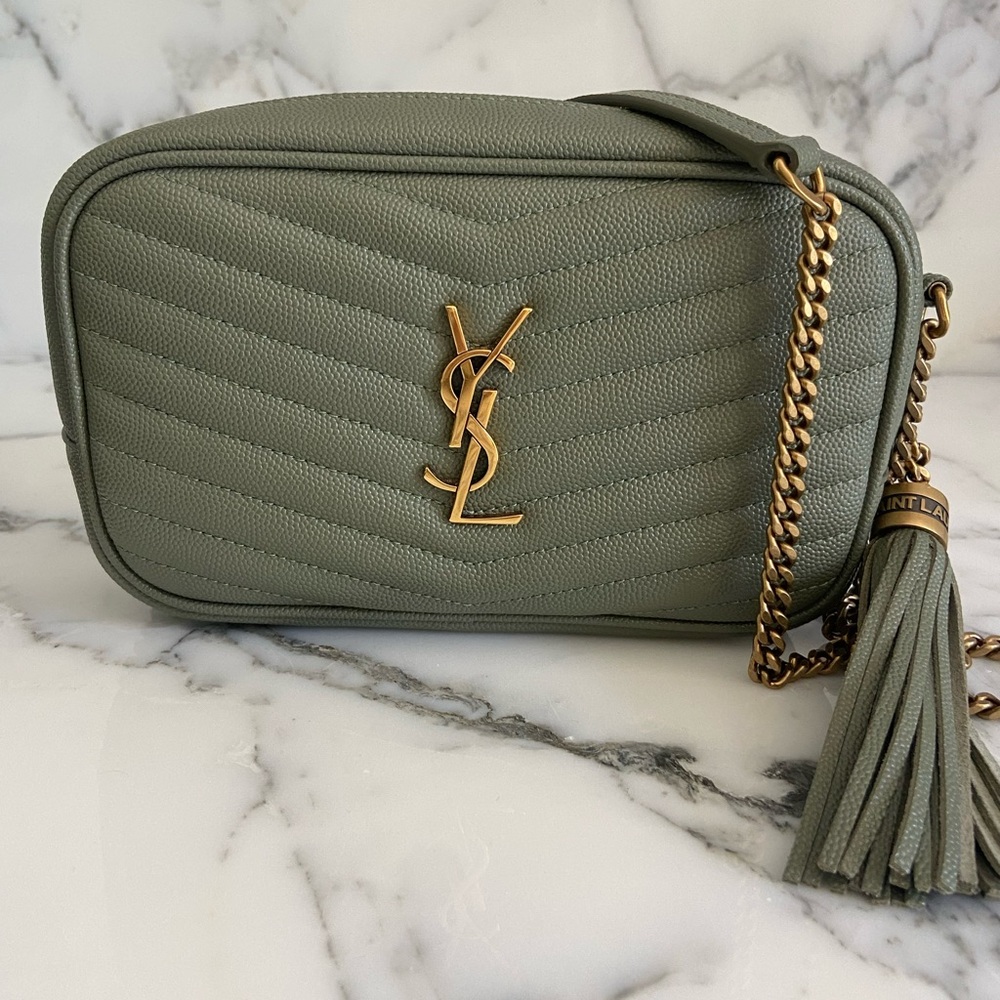 Saint Laurent Sage Green Quilted Camera Crossbody with Gold Hardware